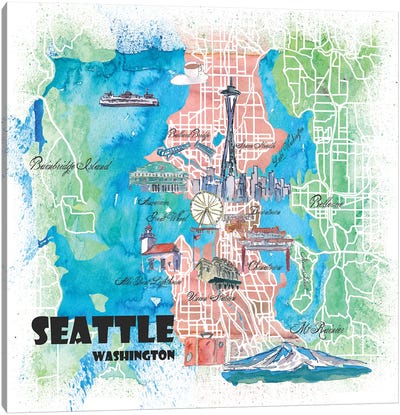 Seattle Washington Illustrated Map Canvas Art Print - Seattle Art