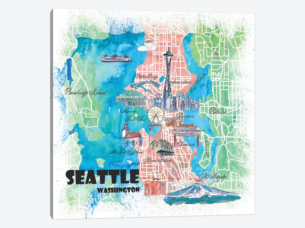 Seattle Washington Illustrated Map by Markus & Martina Bleichner 1-piece Canvas Art