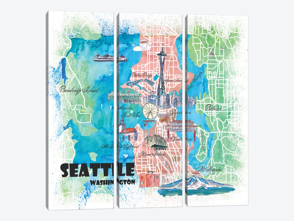 Seattle Washington Illustrated Map by Markus & Martina Bleichner 3-piece Canvas Artwork