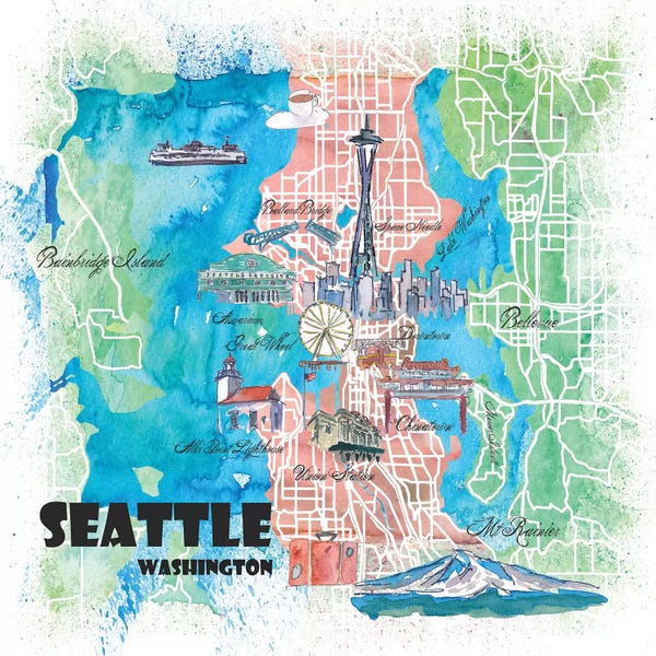 Markus & Martina Bleichner: Seattle Washington Illustrated Map by Markus & Martina Bleichner