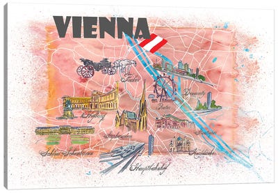 Vienna Austria Illustrated Map Canvas Art Print - Vienna Art