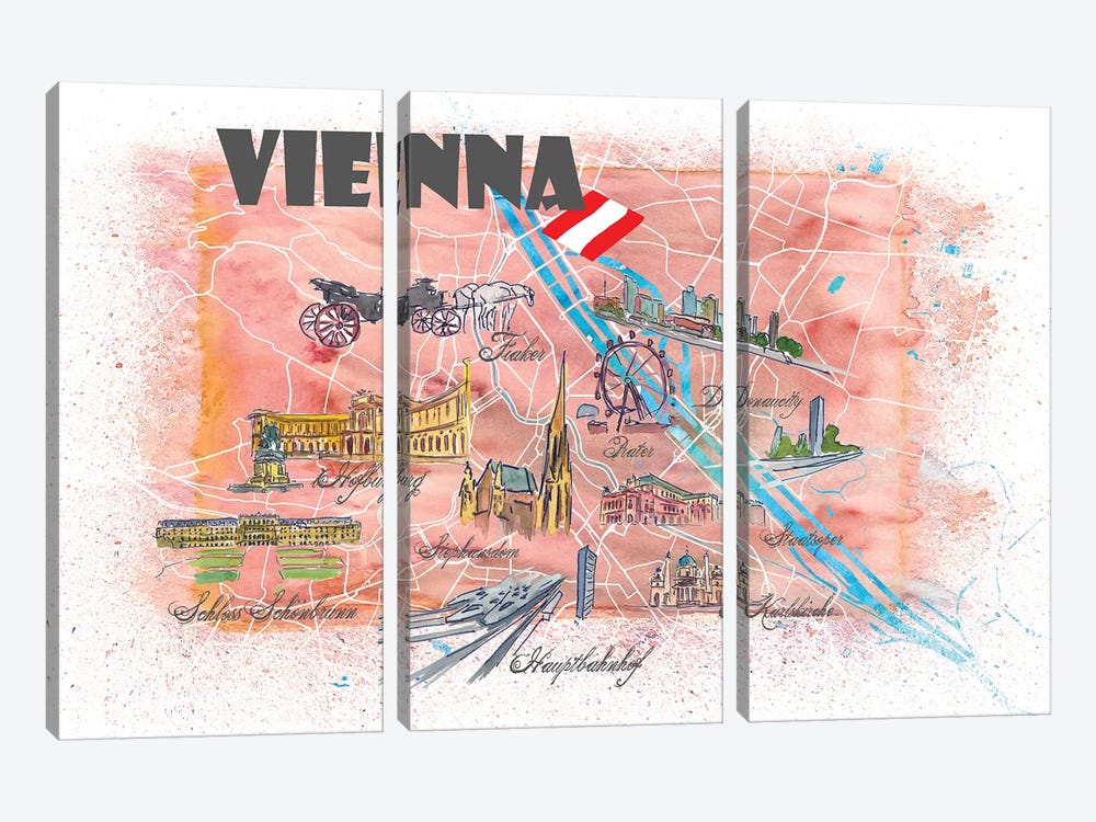 Vienna Austria Illustrated Map by Markus & Martina Bleichner 3-piece Canvas Art Print