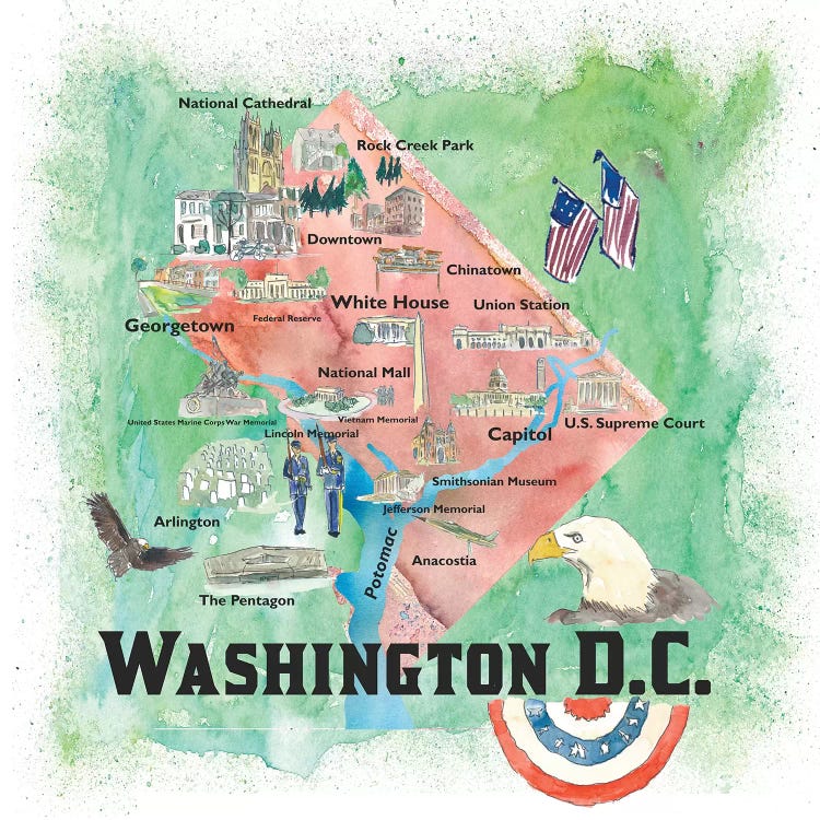 Washington DC USA Illustrated Travel Poster by Markus & Martina Bleichner wall art