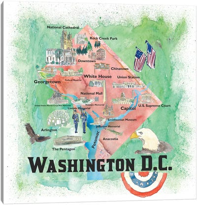 Washington DC USA Illustrated Travel Poster Canvas Art Print - Washington DC Maps