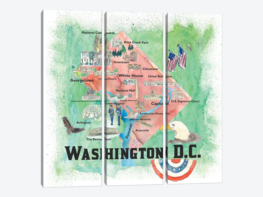 Washington DC USA Illustrated Travel Poster by Markus & Martina Bleichner 3-piece Canvas Artwork