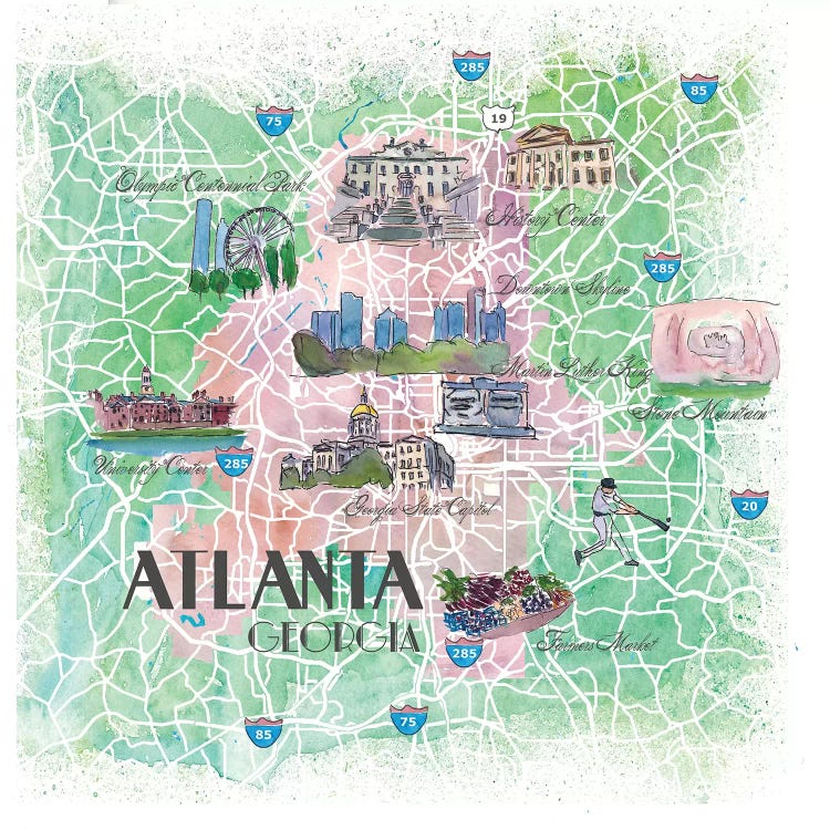 Atlanta Georgia USA Illustrated Map by Markus & Martina Bleichner wall art