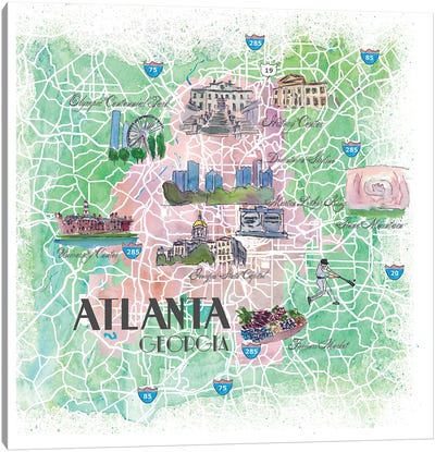 Atlanta Georgia USA Illustrated Map Canvas Art Print - Atlanta Maps