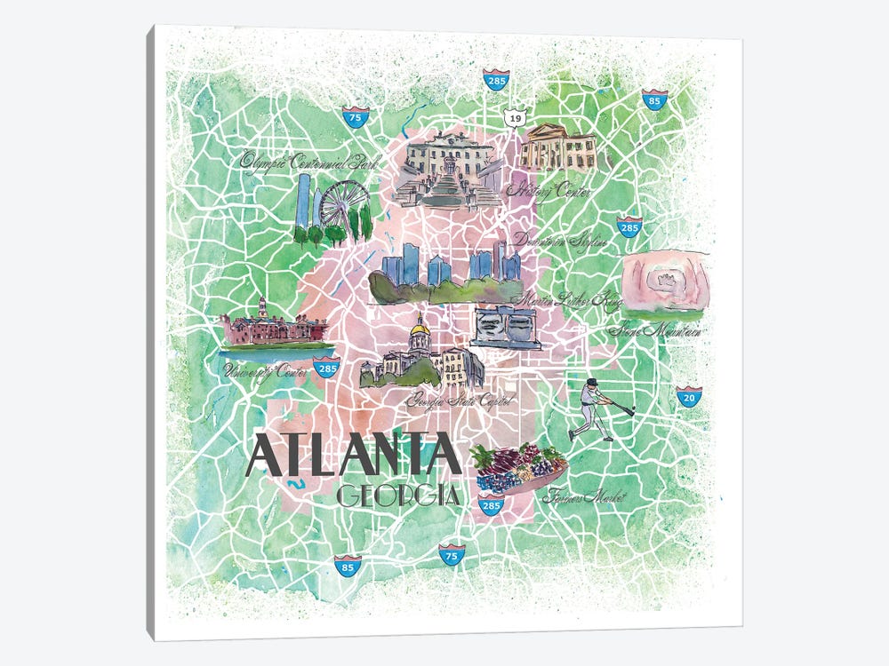 Atlanta Georgia USA Illustrated Map by Markus & Martina Bleichner 1-piece Canvas Art Print