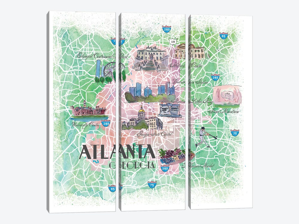 Atlanta Georgia USA Illustrated Map by Markus & Martina Bleichner 3-piece Canvas Art Print