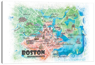 Boston Massachusetts USA Illustrated Map Canvas Art Print - Boston Art