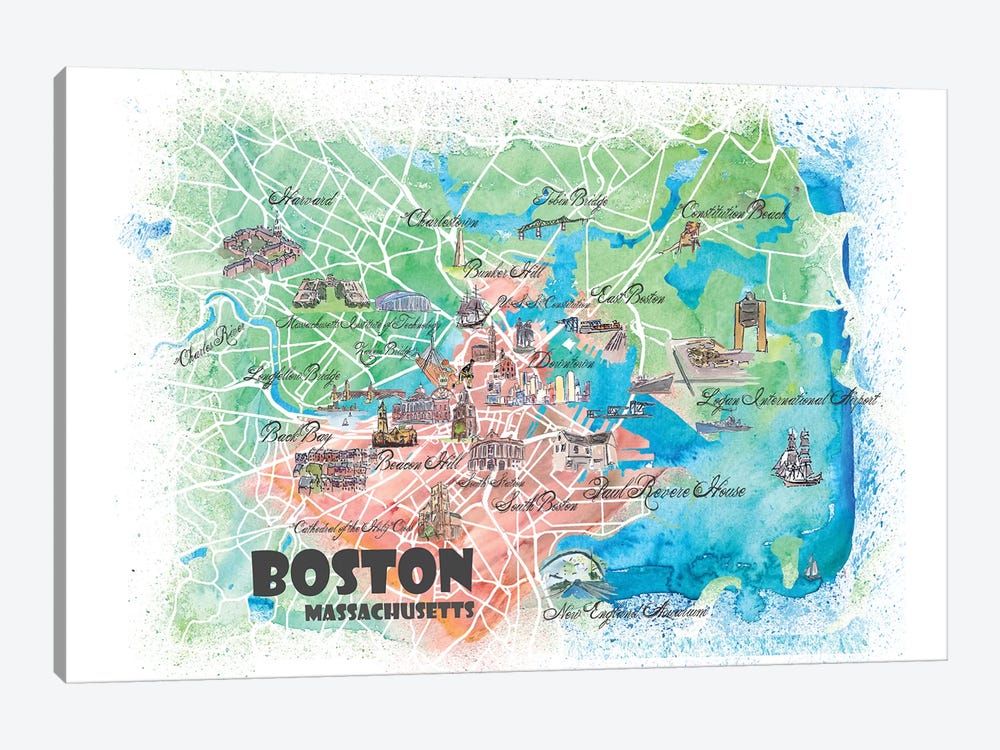 Boston Massachusetts USA Illustrated Map by Markus & Martina Bleichner 1-piece Canvas Artwork