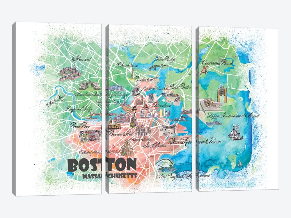 Boston Massachusetts USA Illustrated Map by Markus & Martina Bleichner 3-piece Canvas Art