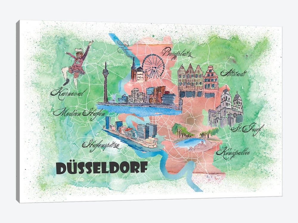 Dusseldorf Germany Illustrated Mapab by Markus & Martina Bleichner 1-piece Canvas Art