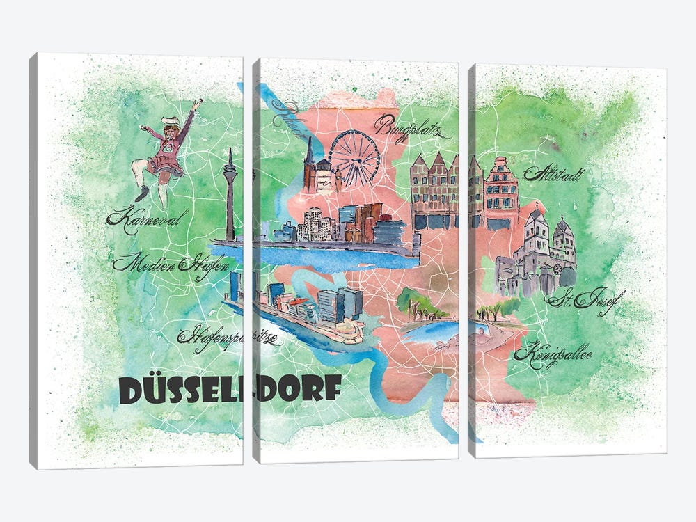 Dusseldorf Germany Illustrated Mapab by Markus & Martina Bleichner 3-piece Canvas Wall Art
