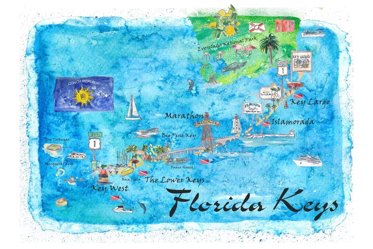 Florida Keys Key West Marathon Key Largo Illustrated Travel Poster by Markus & Martina Bleichner wall art