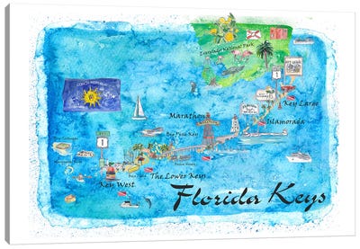 Florida Keys Key West Marathon Key Largo Illustrated Travel Poster Canvas Art Print - Kids Map Art