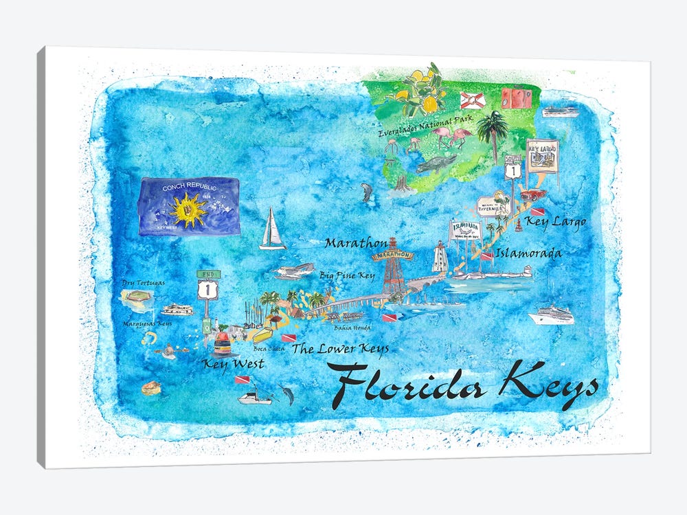 Florida Keys Key West Marathon Key Largo Illustrated Travel Poster by Markus & Martina Bleichner 1-piece Canvas Art Print