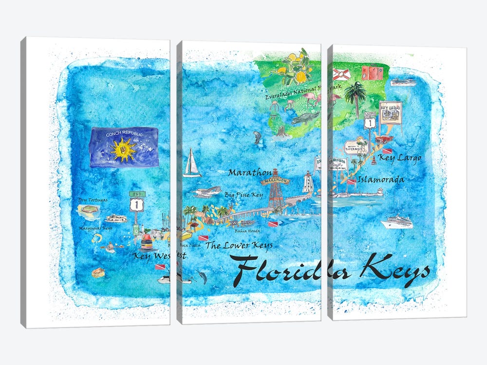 Florida Keys Key West Marathon Key Largo Illustrated Travel Poster by Markus & Martina Bleichner 3-piece Canvas Print
