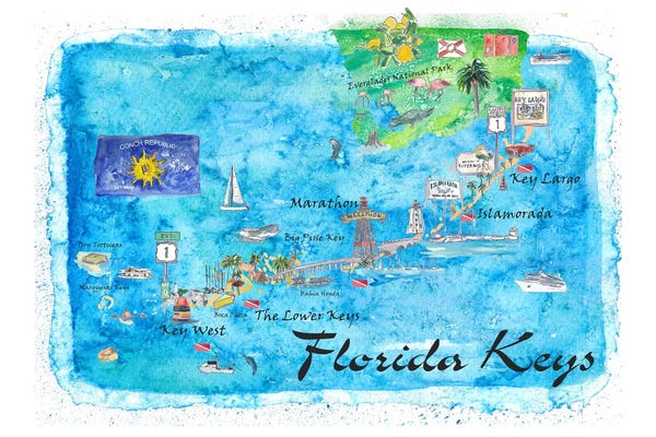 Key West: Florida Keys Key West Marathon Key Largo Illustrated Travel Poster by Markus & Martina Bleichner