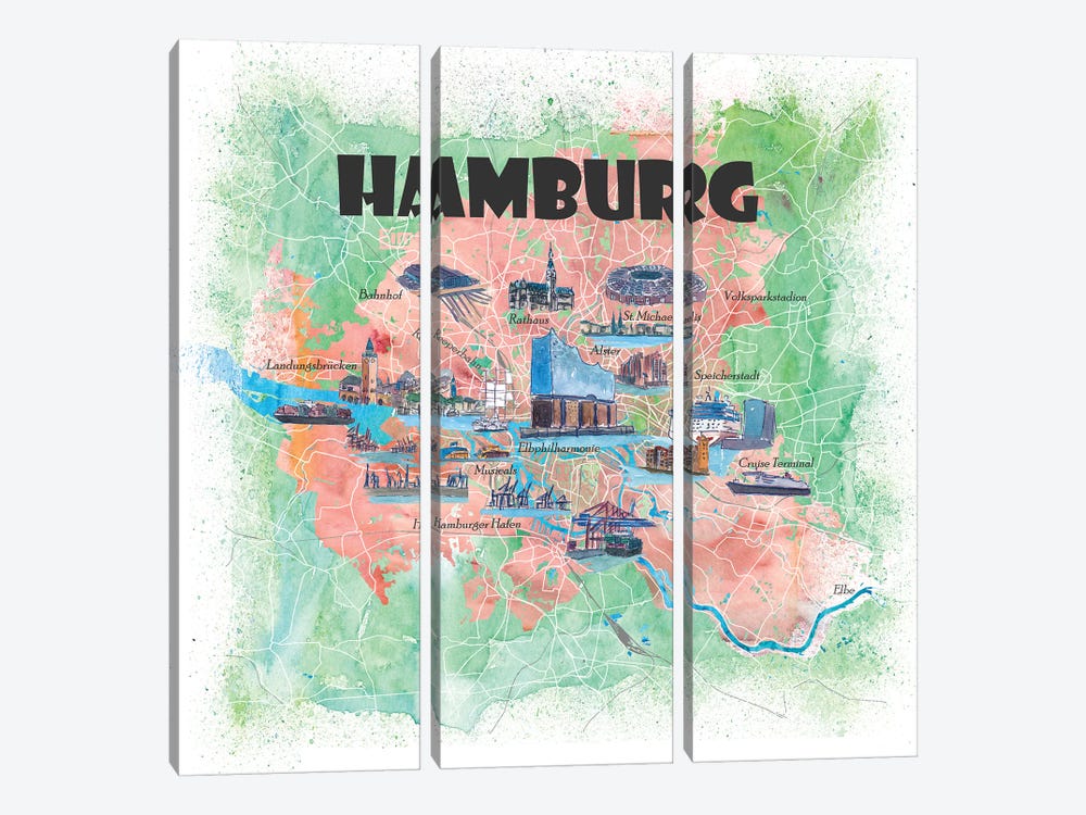 Hamburg Germany Illustrated Map by Markus & Martina Bleichner 3-piece Canvas Artwork