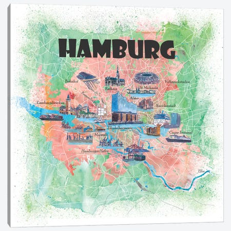 Hamburg Germany Illustrated Map Canvas Print #MMB122} by Markus & Martina Bleichner Canvas Artwork