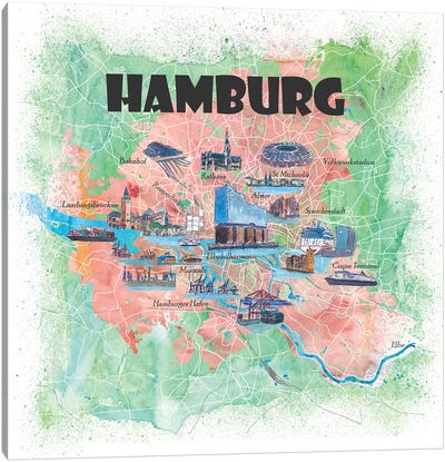 Hamburg Germany Illustrated Map Canvas Art Print - Hamburg