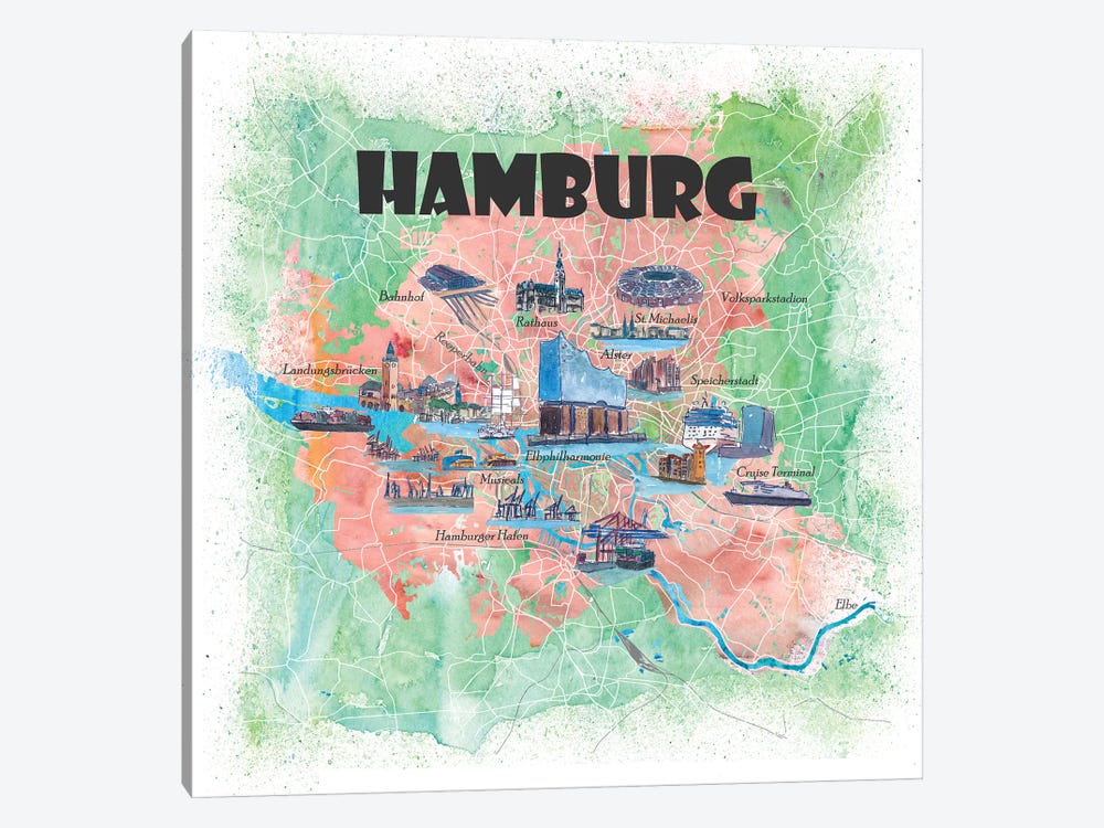 Hamburg Germany Illustrated Map by Markus & Martina Bleichner 1-piece Canvas Wall Art