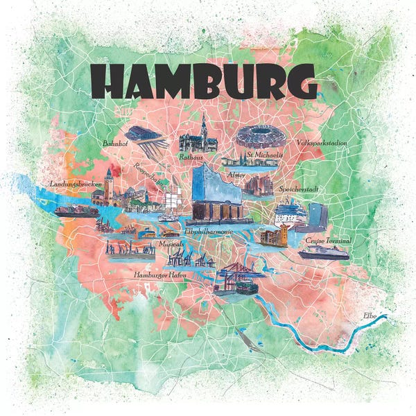 Hamburg: Hamburg Germany Illustrated Map by Markus & Martina Bleichner