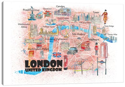 London UK Illustrated Map Canvas Art Print - London Maps