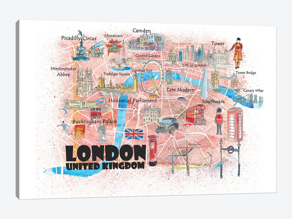 London UK Illustrated Map by Markus & Martina Bleichner 1-piece Canvas Artwork