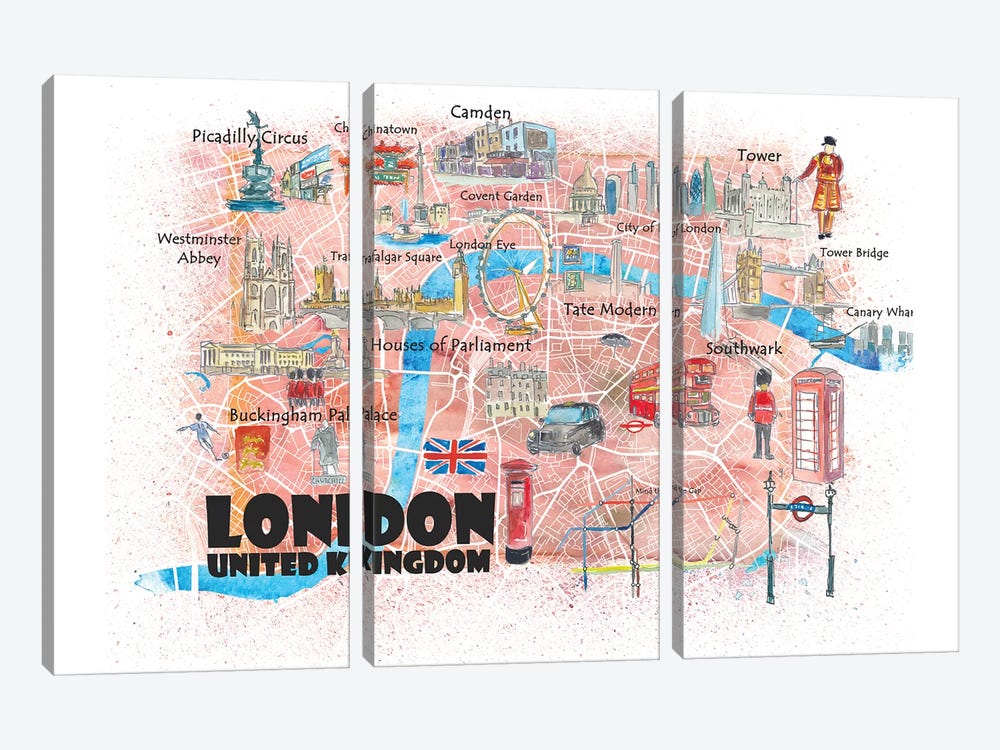 London UK Illustrated Map by Markus & Martina Bleichner 3-piece Canvas Art