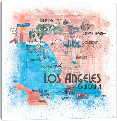 Los Angeles USA Illustrated Map Canvas Art Print - Los Angeles Art