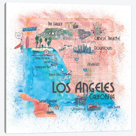 Los Angeles USA Illustrated Map Canvas Print #MMB125} by Markus & Martina Bleichner Art Print