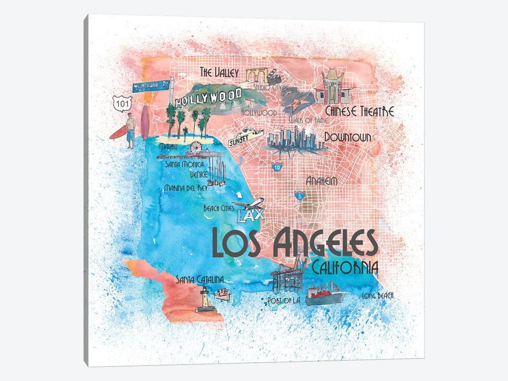 Los Angeles USA Illustrated Map by Markus & Martina Bleichner 1-piece Canvas Art Print
