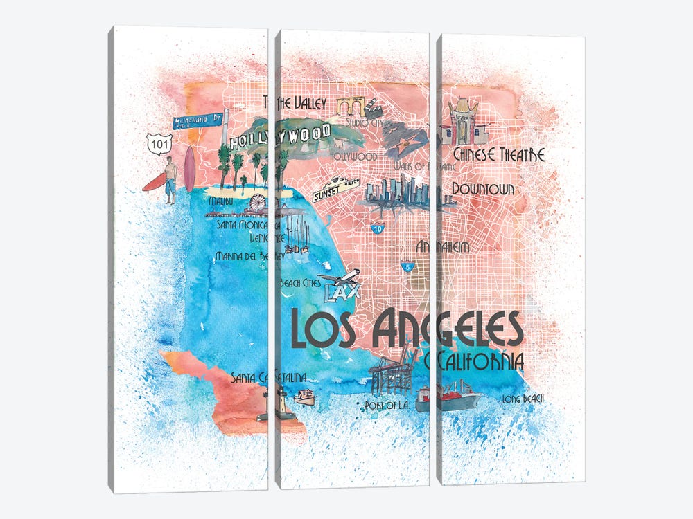 Los Angeles USA Illustrated Map by Markus & Martina Bleichner 3-piece Art Print