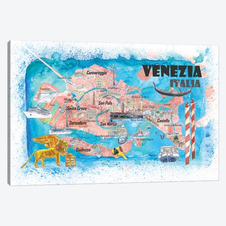 Venice Italy Illustrated Map With Main Canals Landmarks And Highlights Canvas Print #MMB126} by Markus & Martina Bleichner Art Print