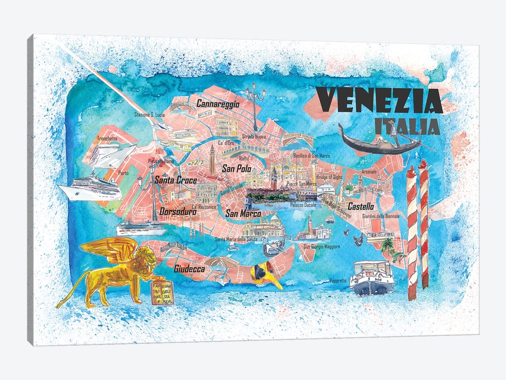 Venice Italy Illustrated Map With Main Canals Landmarks And Highlights by Markus & Martina Bleichner 1-piece Canvas Wall Art