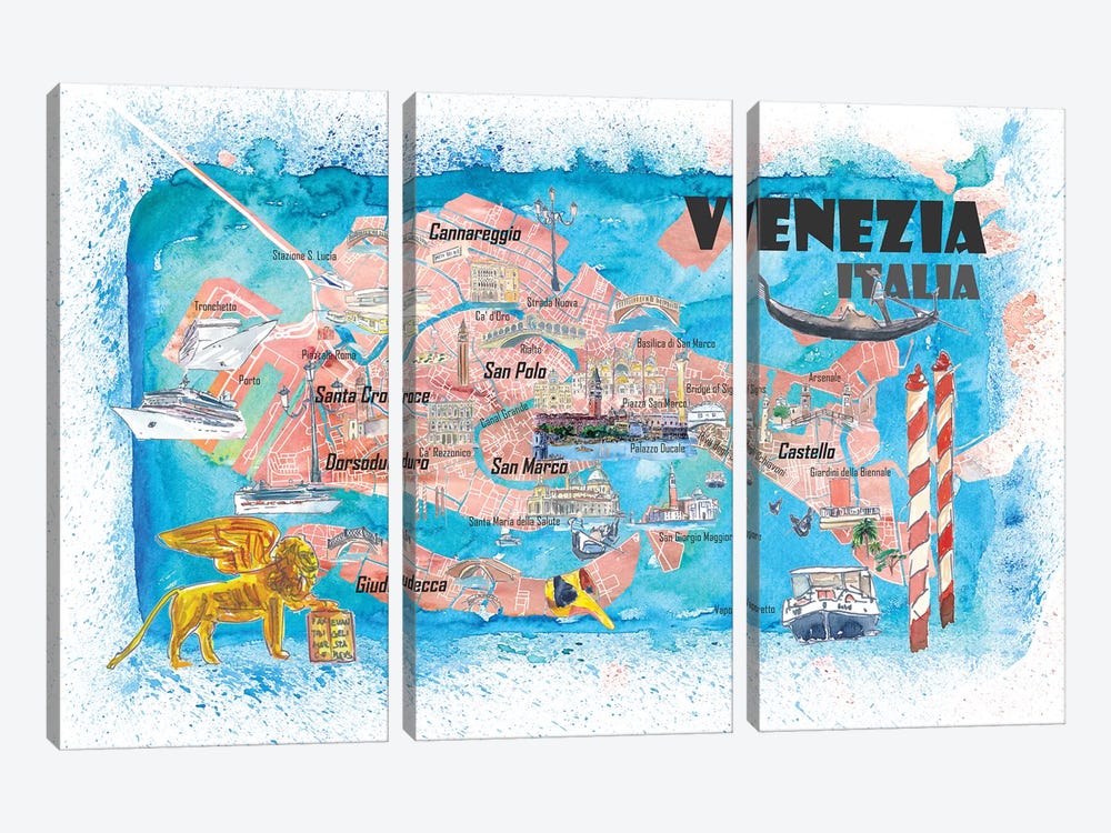 Venice Italy Illustrated Map With Main Canals Landmarks And Highlights by Markus & Martina Bleichner 3-piece Canvas Artwork