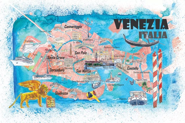 Veneto: Venice Italy Illustrated Map With Main Canals Landmarks And Highlights by Markus & Martina Bleichner