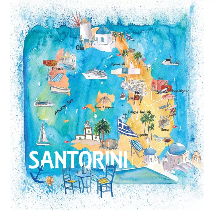 Santorini Greece Illustrated Map With Main Roads Landmarks And Highlights