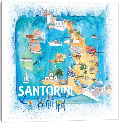 Santorini Greece Illustrated Map With Main Roads Landmarks And Highlights Canvas Art Print - Kids Map Art