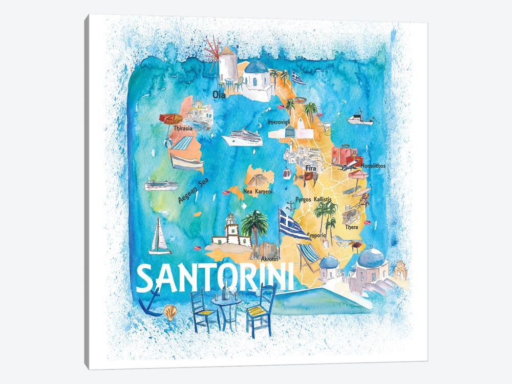 Santorini Greece Illustrated Map With Main Roads Landmarks And Highlights by Markus & Martina Bleichner 1-piece Art Print