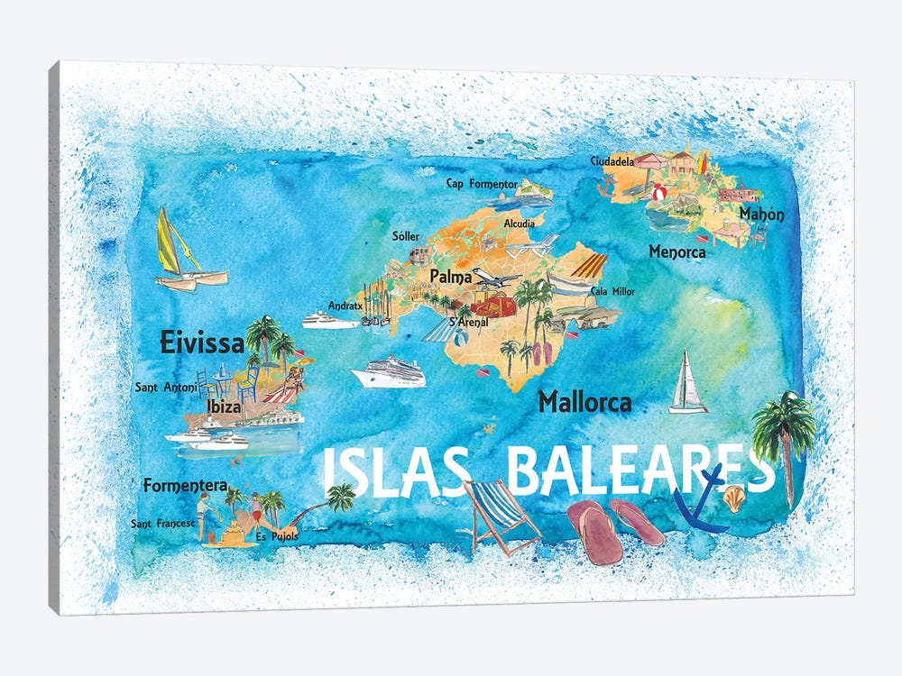 Balearic Islands Illustrated Travel Map With Majorca Ibiza Menorca Landmarks And Highlights by Markus & Martina Bleichner 1-piece Canvas Art