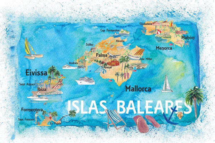 Balearic Islands Illustrated Travel Map With Majorca Ibiza Menorca Landmarks And Highlights by Markus & Martina Bleichner wall art