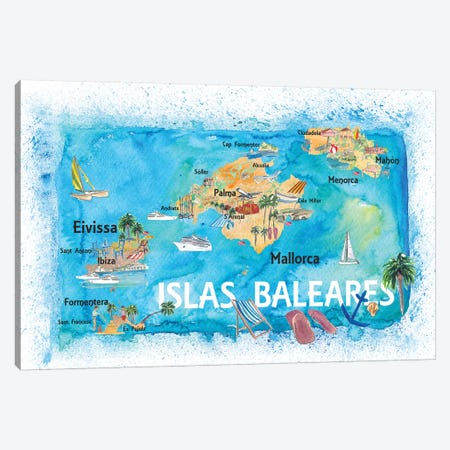 Balearic Islands Illustrated Travel Map With Majorca Ibiza Menorca Landmarks And Highlights Canvas Print #MMB128} by Markus & Martina Bleichner Canvas Artwork