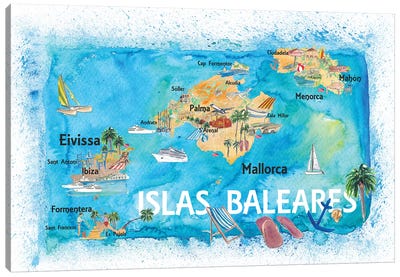Balearic Islands Illustrated Travel Map With Majorca Ibiza Menorca Landmarks And Highlights Canvas Art Print