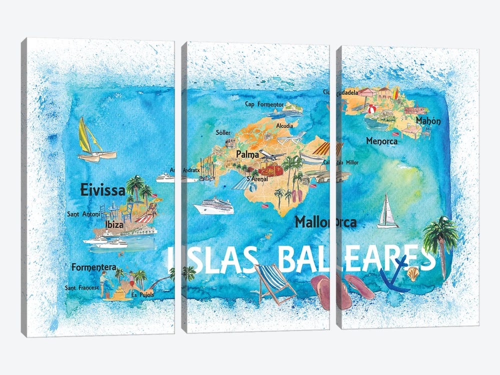 Balearic Islands Illustrated Travel Map With Majorca Ibiza Menorca Landmarks And Highlights by Markus & Martina Bleichner 3-piece Canvas Artwork