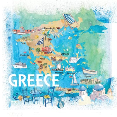 Greece Illustrated Travel Map With Landmarks And Highlights by Markus & Martina Bleichner multi panel art