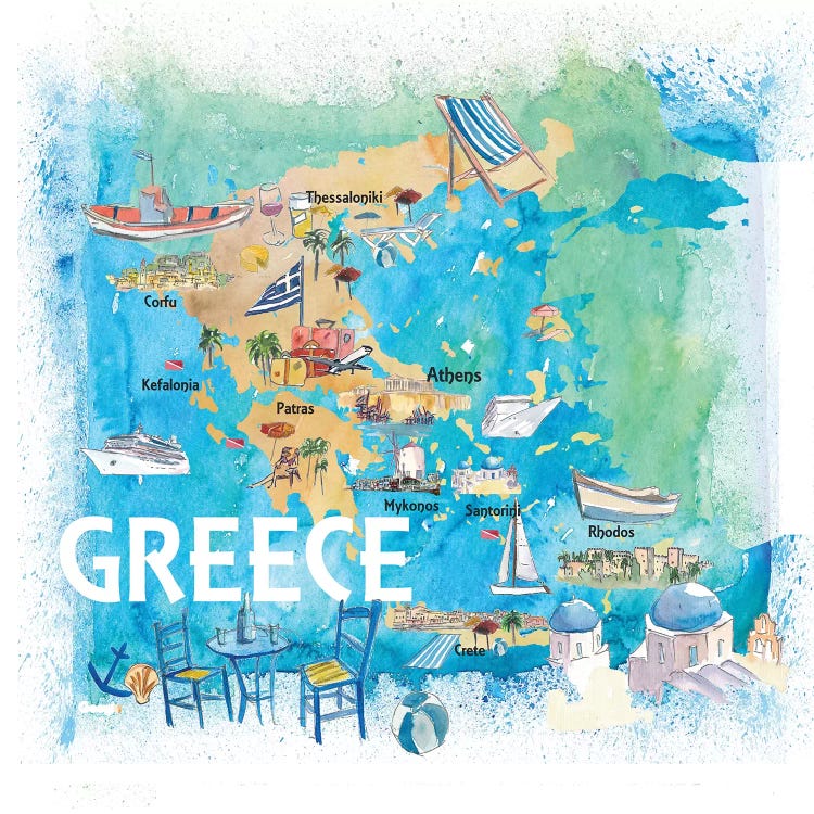 Greece Illustrated Travel Map With Landmarks And Highlights