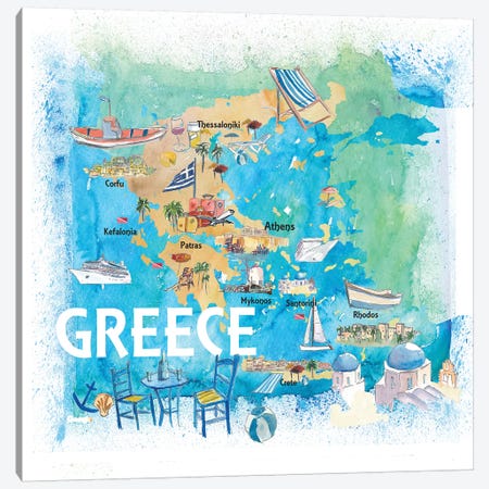 Greece Illustrated Travel Map With Landmarks And Highlights Canvas Print #MMB129} by Markus & Martina Bleichner Canvas Art